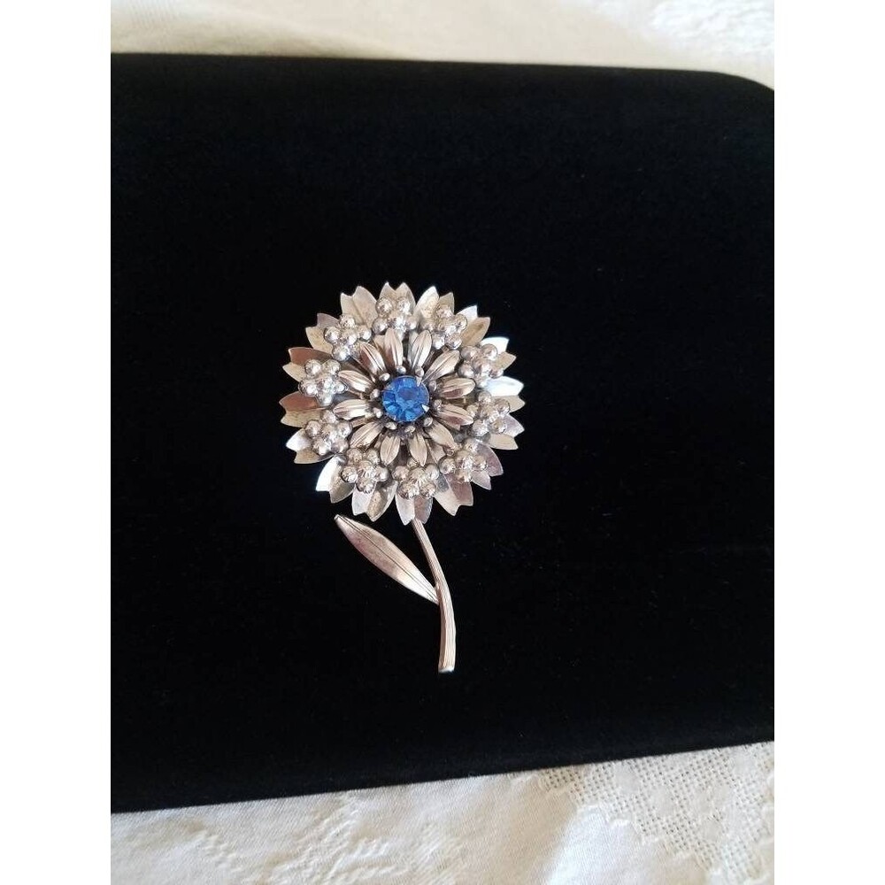 Vintage Blue and Silver Tone Floral Brooch